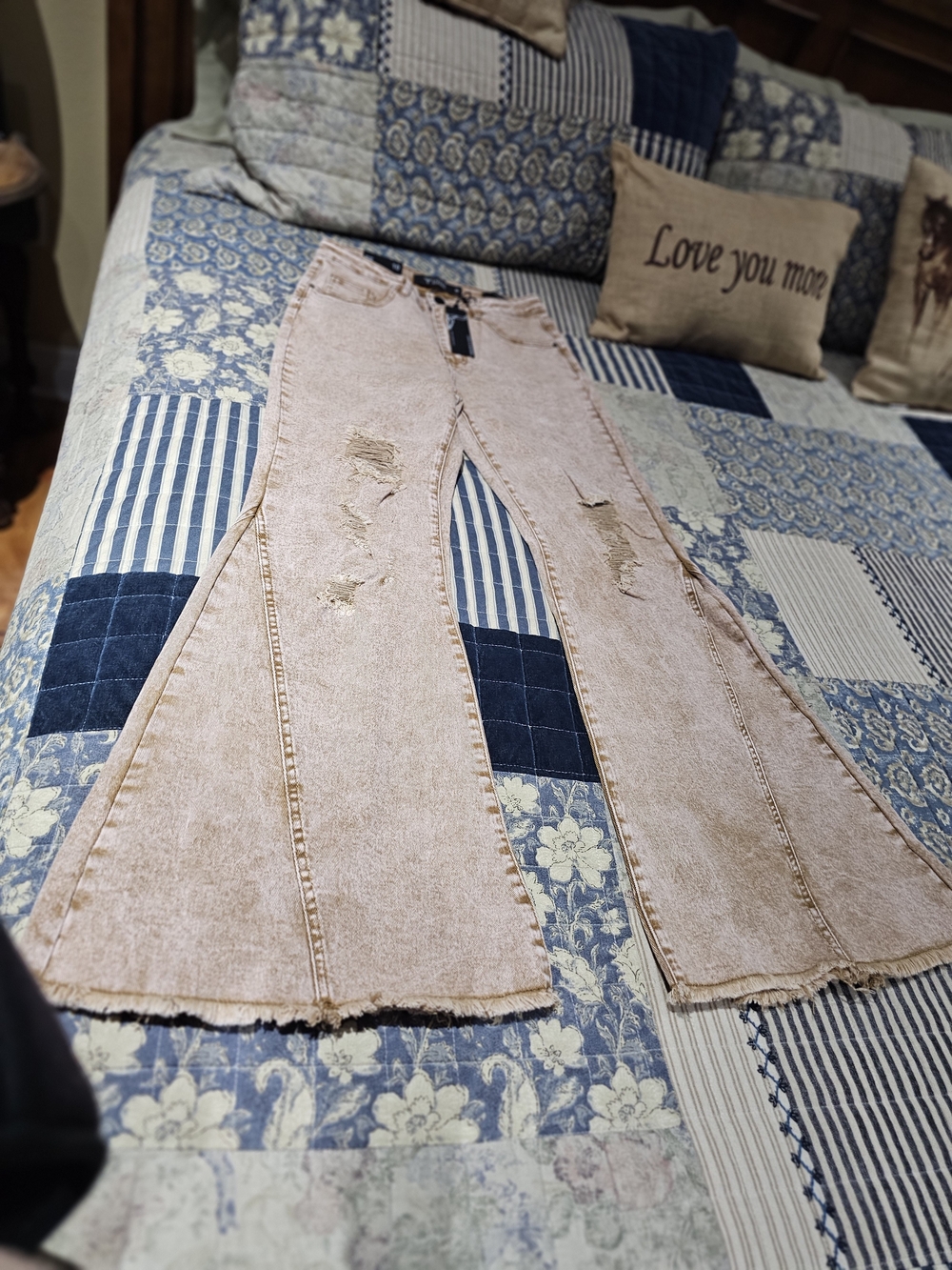 Lucky & Blessed Dusty Brown Distressed Flare Jeans, NWT